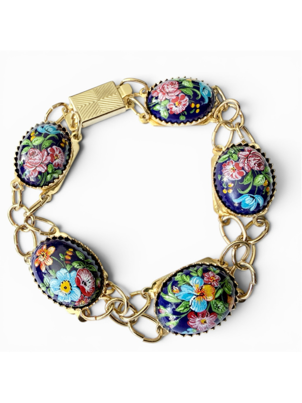 Vintage Hand Painted Porcelain Floral Bracelet Blue Porcelain Cabochon Bracelet - Picture 5 of 6